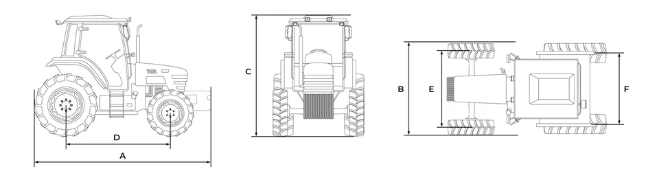 Esquema del tractor: largo, ancho, altura, distancia entre ejes y trochas delantera y trasera